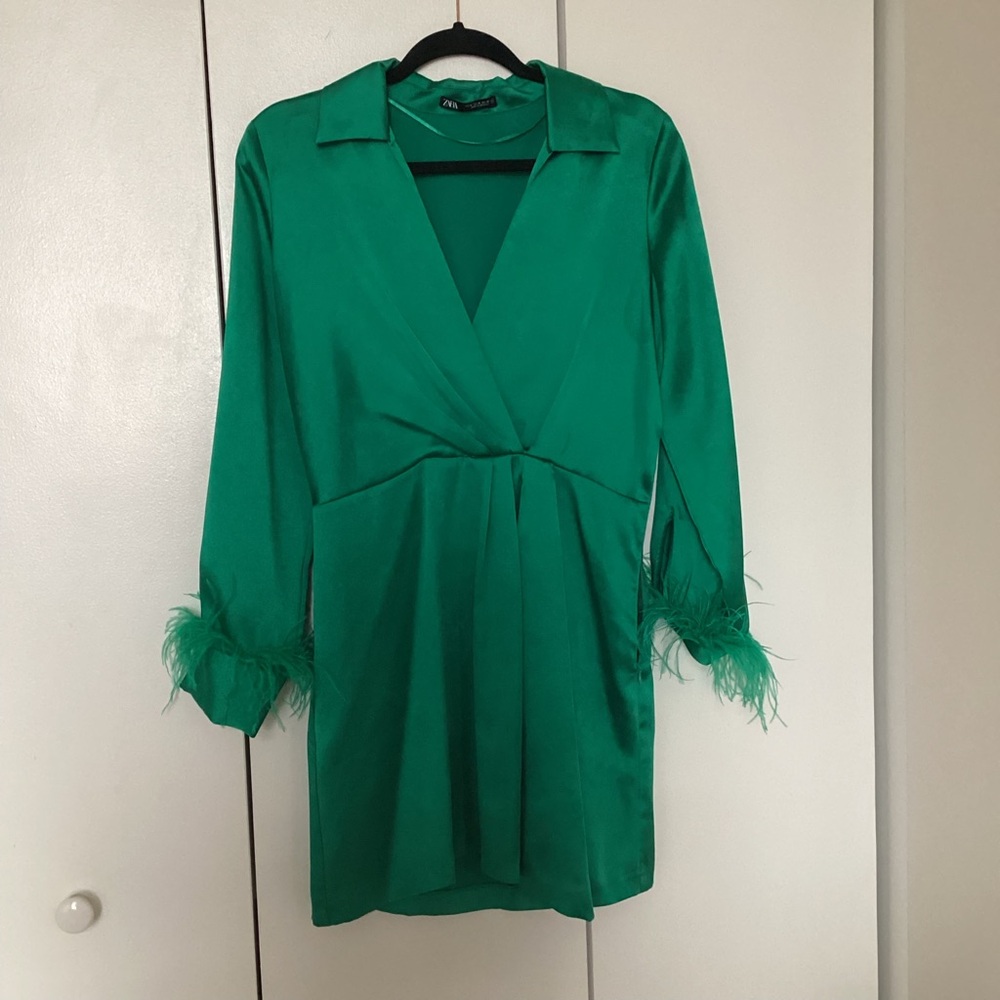 Zara Green Satin Dress with Feather Cuffs